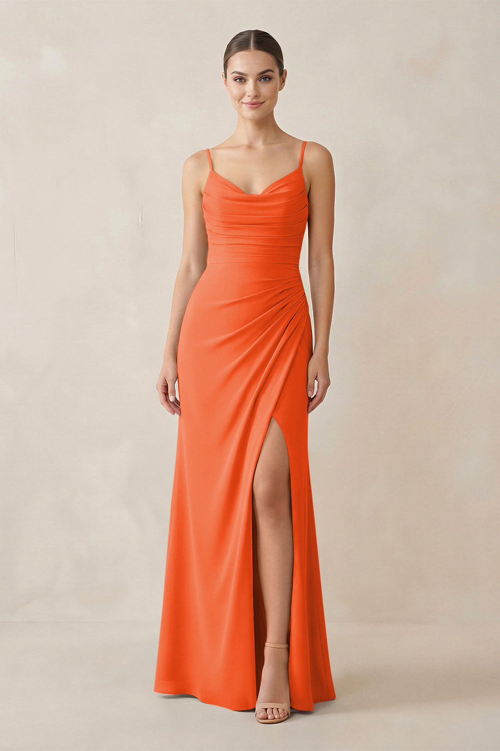 Ruched Sheath Spaghetti Strap Chiffon Bridesmaid Dress in Cinnamon