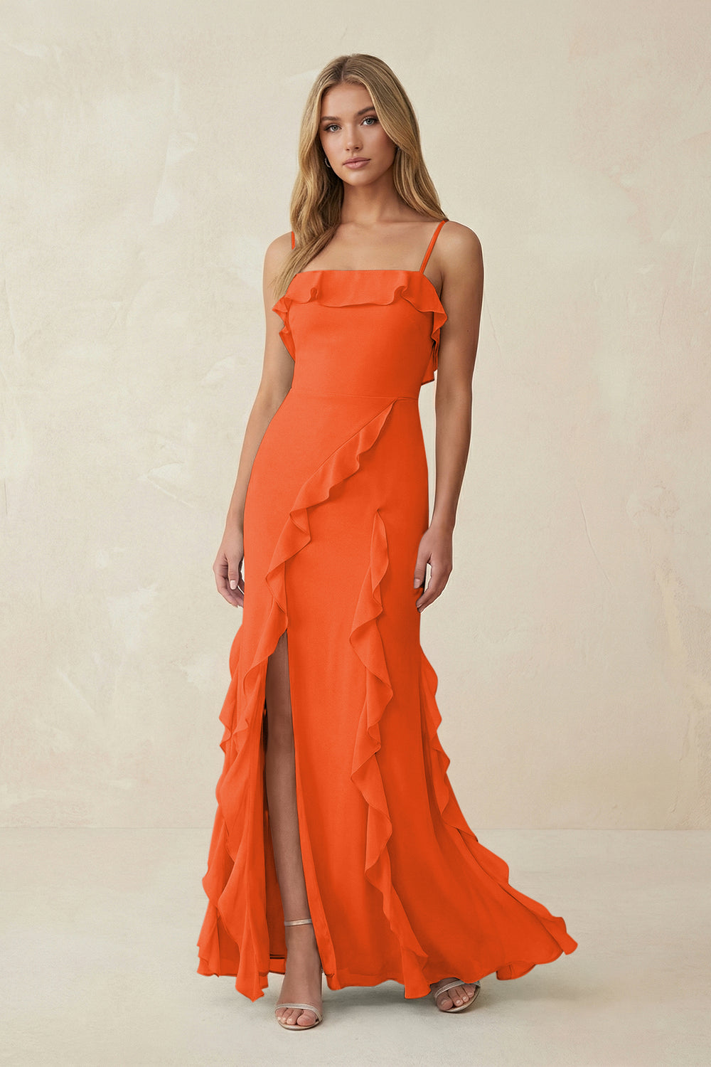 Ruffled Cami Strap Chiffon Sheath Bridesmaid Dress in Cinnamon