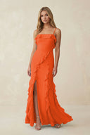 Cinnamon Ruffled Cami Strap Chiffon Sheath Bridesmaid Dress | KISSBRIDAL