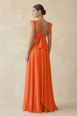 Cinnamon Ruffled Chiffon A-Line Long Bridesmaid Dress (2) | KISSBRIDAL