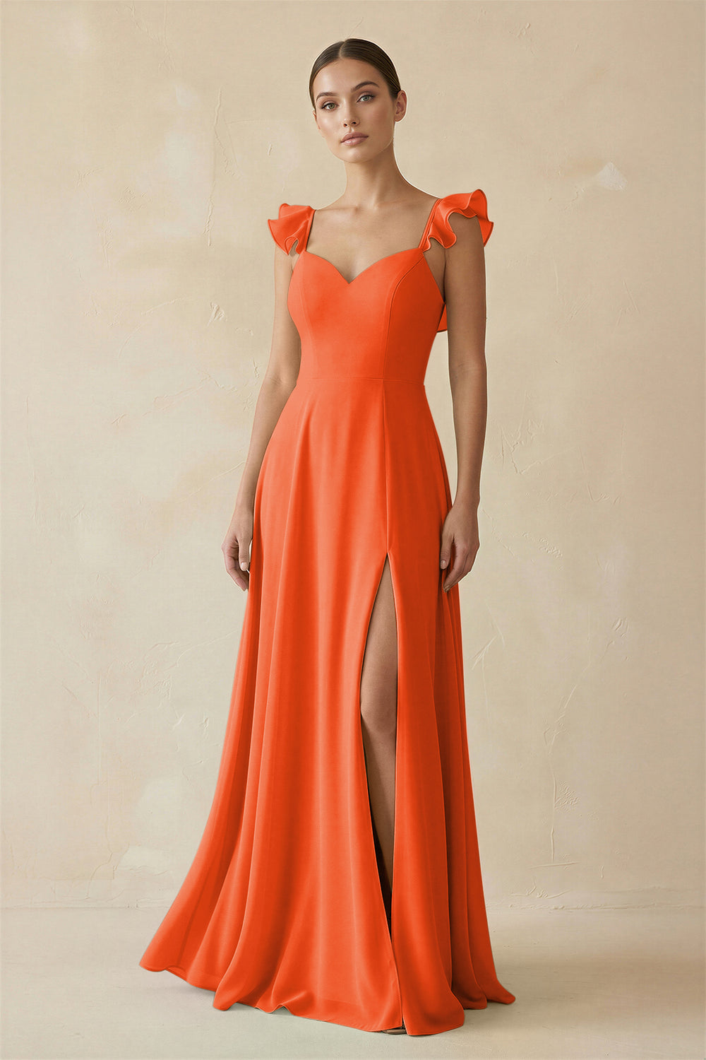 Ruffled Chiffon A-Line Long Bridesmaid Dress in Cinnamon