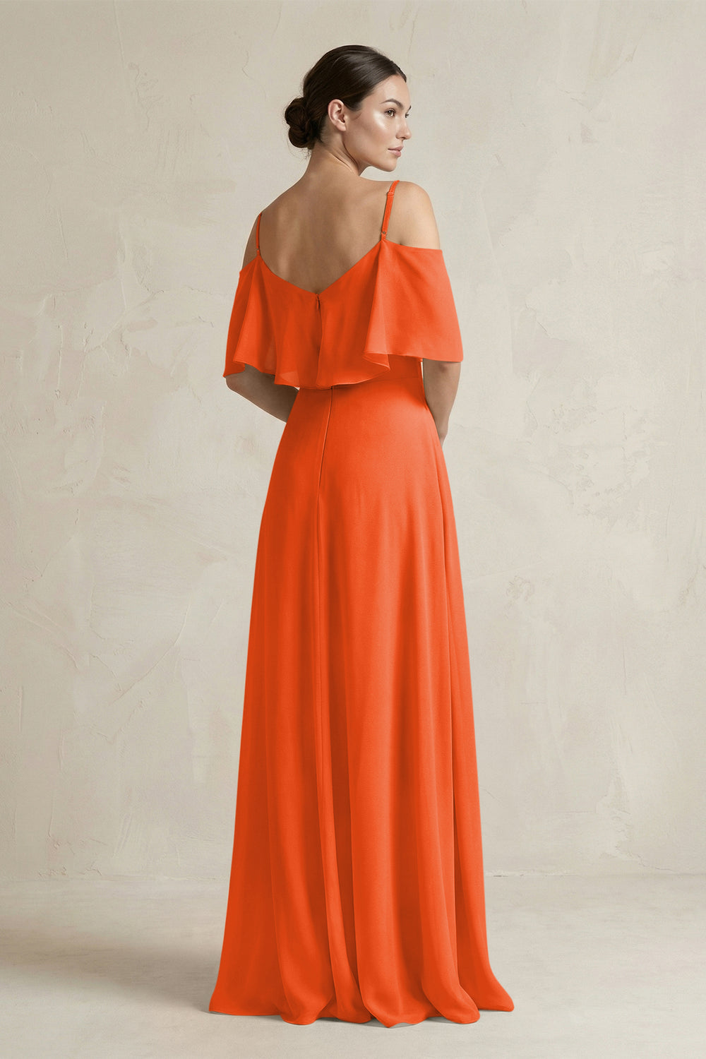Ruffled Off-the-Shoulder A-Line Chiffon Bridesmaid Gown in Cinnamon