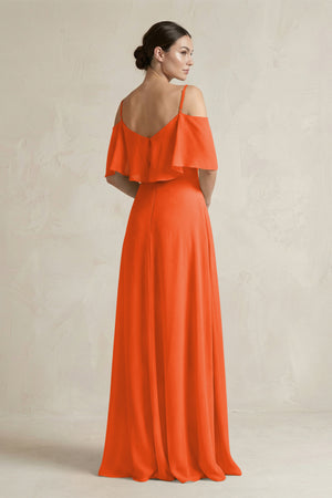 Cinnamon Ruffled Off-the-Shoulder A-Line Chiffon Bridesmaid Gown (2) | KISSBRIDAL