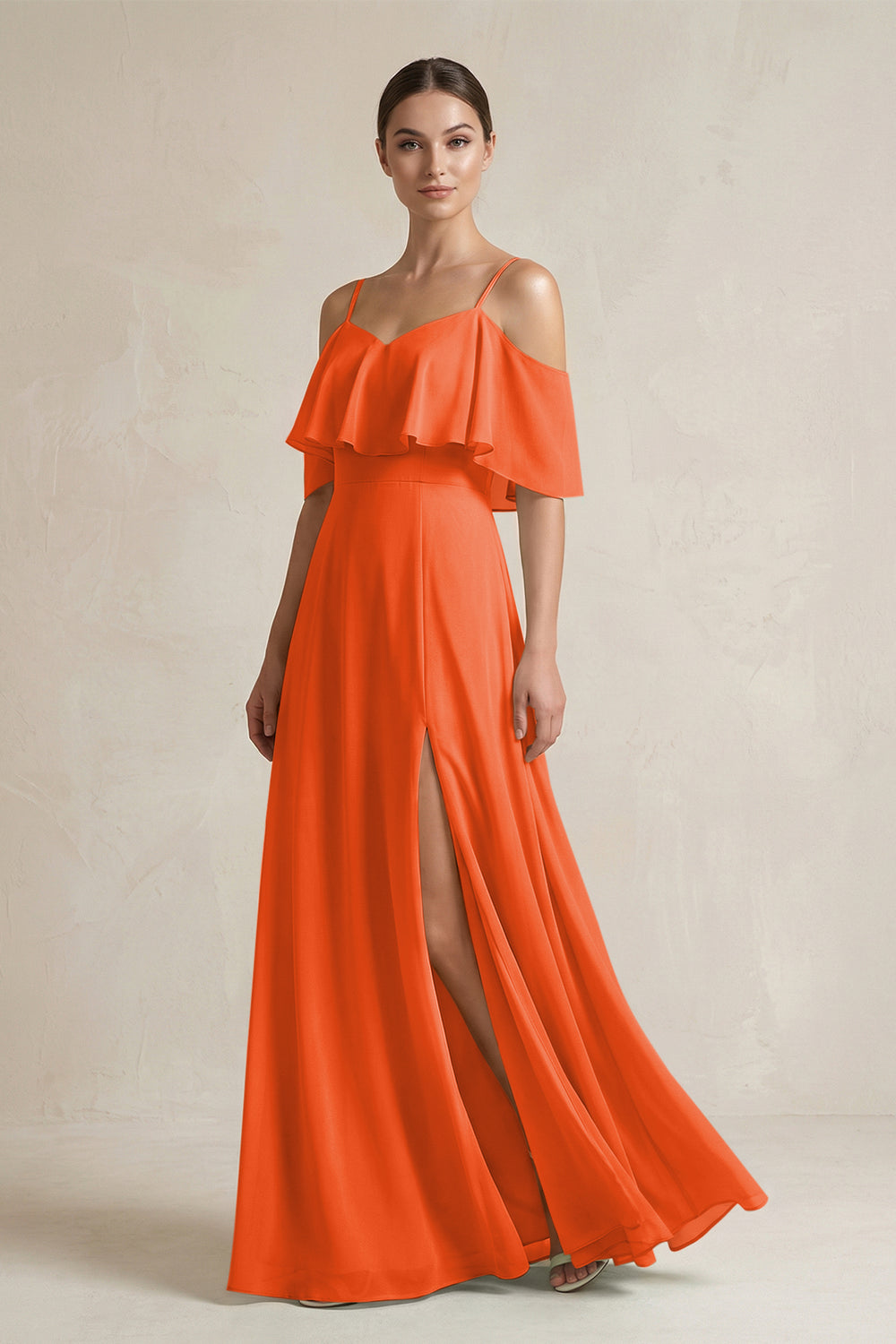 Ruffled Off-the-Shoulder A-Line Chiffon Bridesmaid Gown in Cinnamon