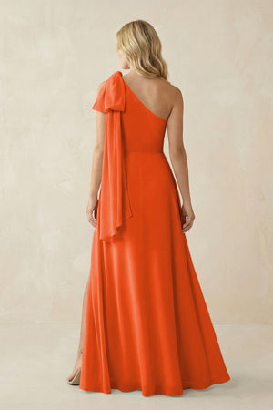 Cinnamon Ruffled One Shoulder Chiffon Bridesmaid Dress With Slit in Cinnamon (2) | KISSBRIDAL