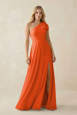 Cinnamon Ruffled One Shoulder Chiffon Bridesmaid Dress With Slit in Cinnamon | KISSBRIDAL