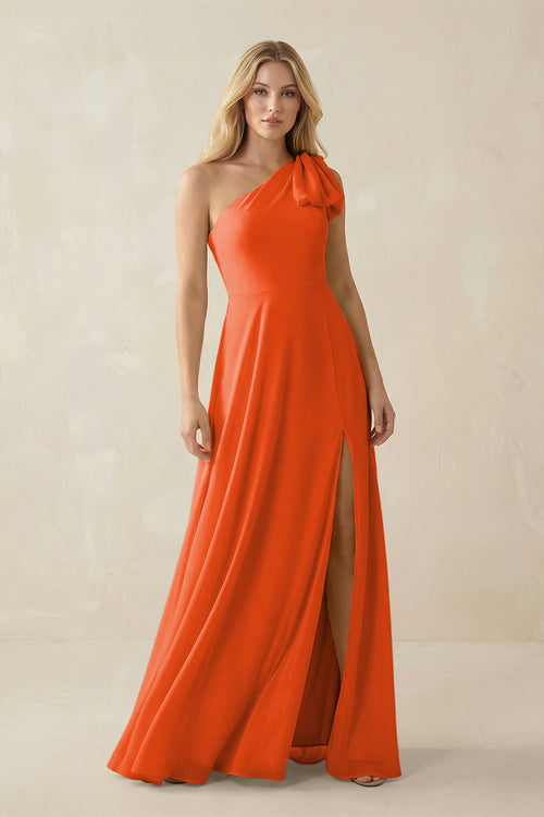 Cinnamon Ruffled One Shoulder Chiffon Bridesmaid Dress With Slit in Cinnamon | KISSBRIDAL