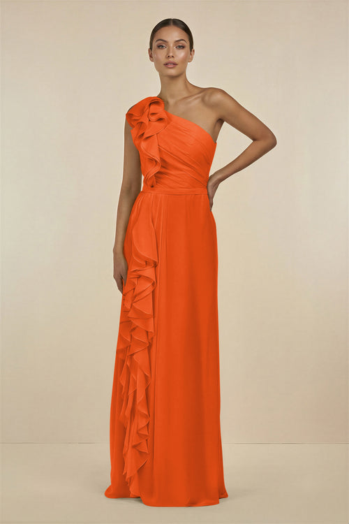 Cinnamon Ruffled One-Shoulder Pleated Sheath Bridesmaid Dress | KISSBRIDAL