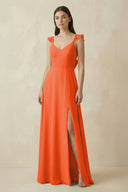 Cinnamon Ruffled Sleeve A-Line Chiffon Bridesmaid Dress | KISSBRIDAL