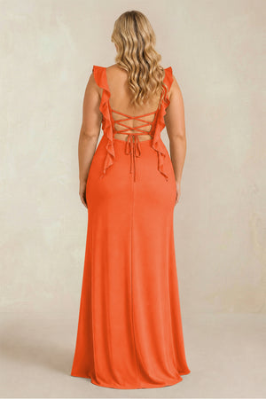 Cinnamon Ruffled Sleeve Ruched Sheath Chiffon Bridesmaid Dress (2) [sizeplus] | KISSBRIDAL