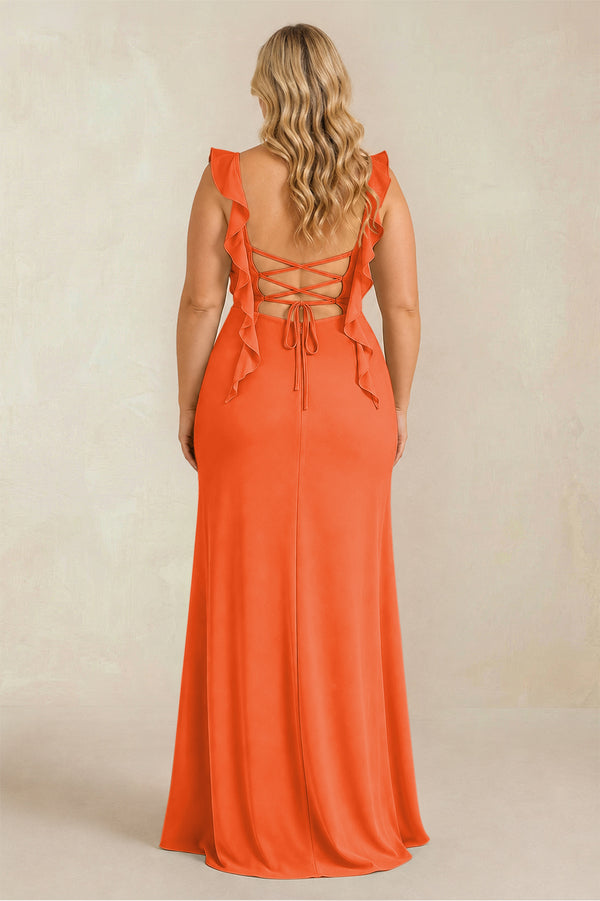 Cinnamon Ruffled Sleeve Ruched Sheath Chiffon Bridesmaid Dress (2) [sizeplus] | KISSBRIDAL