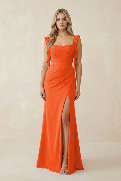 Cinnamon Ruffled Sleeve Ruched Sheath Chiffon Bridesmaid Dress | KISSBRIDAL