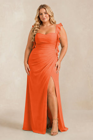 Cinnamon Ruffled Sleeve Ruched Sheath Chiffon Bridesmaid Dress [sizeplus] | KISSBRIDAL