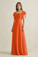 Cinnamon Ruffled Sleeves A-Line Chiffon Bridesmaid Dress | KISSBRIDAL
