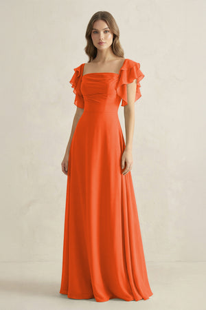 Cinnamon Ruffled Sleeves A-Line Chiffon Bridesmaid Dress | KISSBRIDAL