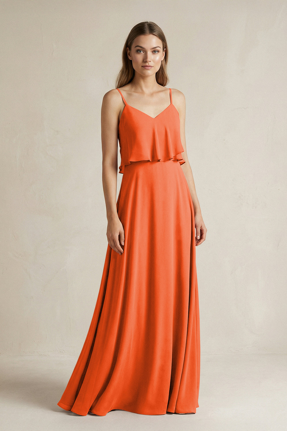 Ruffled Spaghetti Strap A-Line Chiffon Bridesmaid Dress in Cinnamon