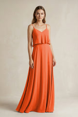 Cinnamon Ruffled Spaghetti Strap A-Line Chiffon Bridesmaid Dress in Cinnamon | KISSBRIDAL