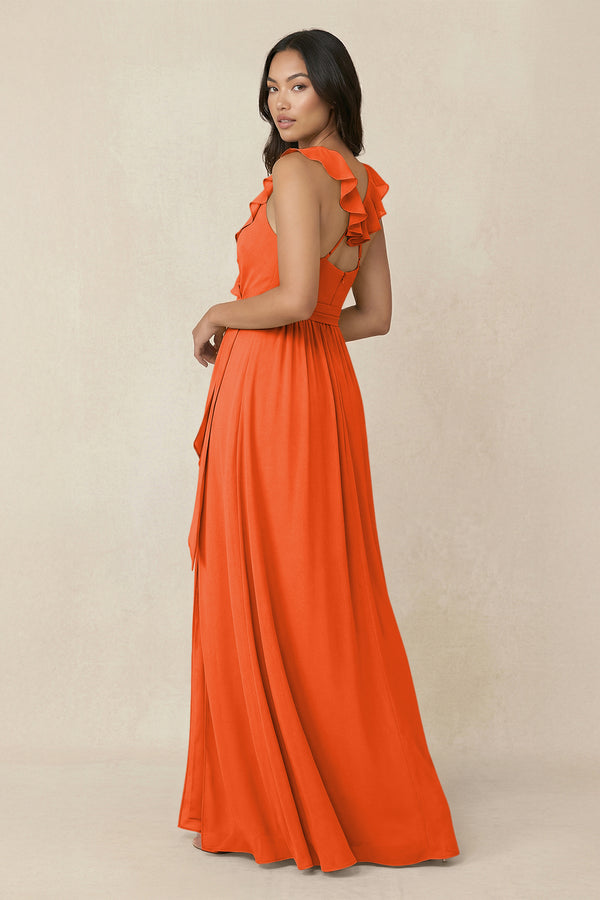 Cinnamon Ruffled V-Neck A-Line Chiffon Bridesmaid Dress (2) | KISSBRIDAL