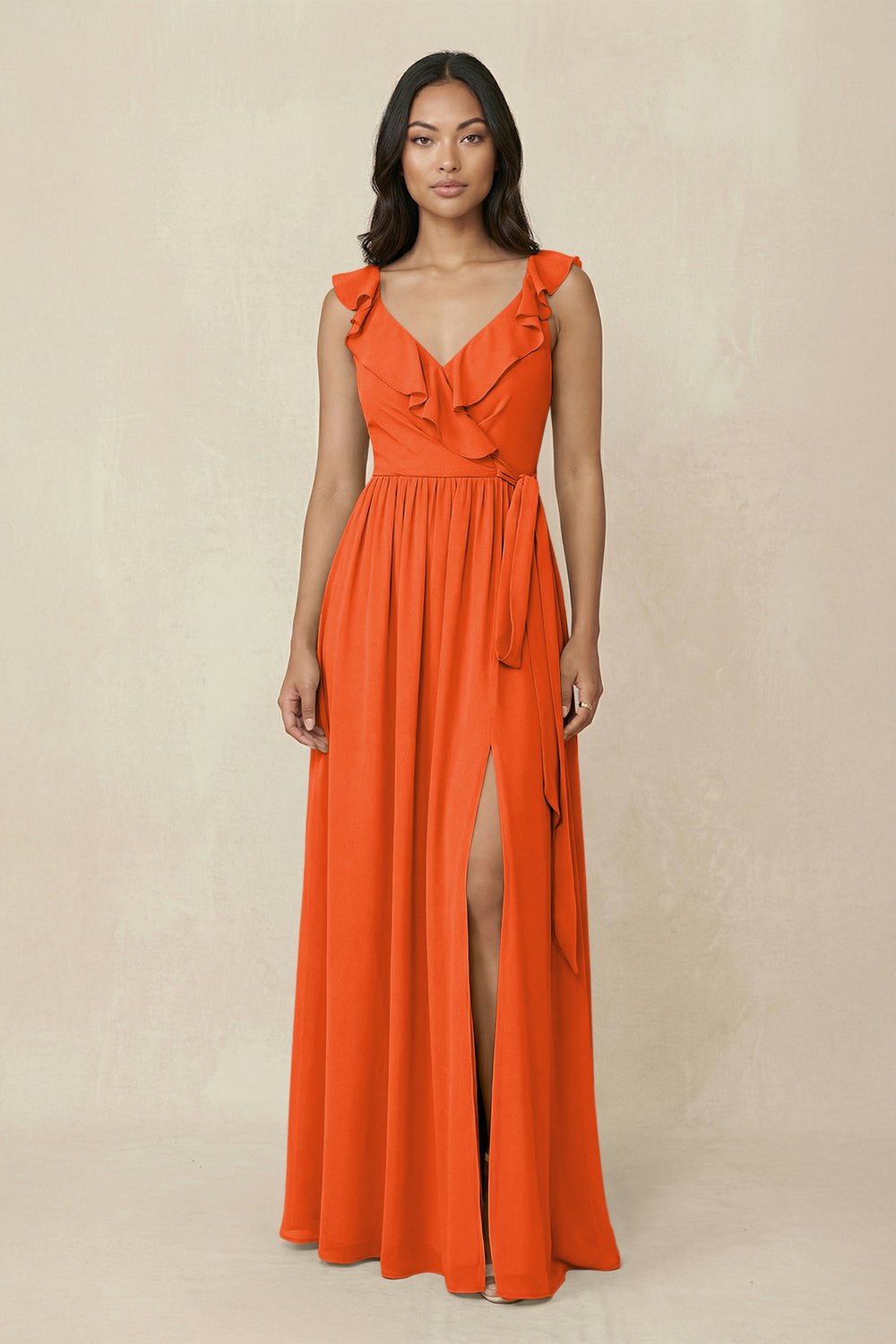 Ruffled V-Neck A-Line Chiffon Bridesmaid Dress in Cinnamon