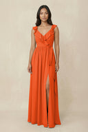 Cinnamon Ruffled V-Neck A-Line Chiffon Bridesmaid Dress | KISSBRIDAL