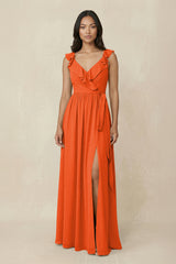 Cinnamon Ruffled V-Neck A-Line Chiffon Bridesmaid Dress | KISSBRIDAL