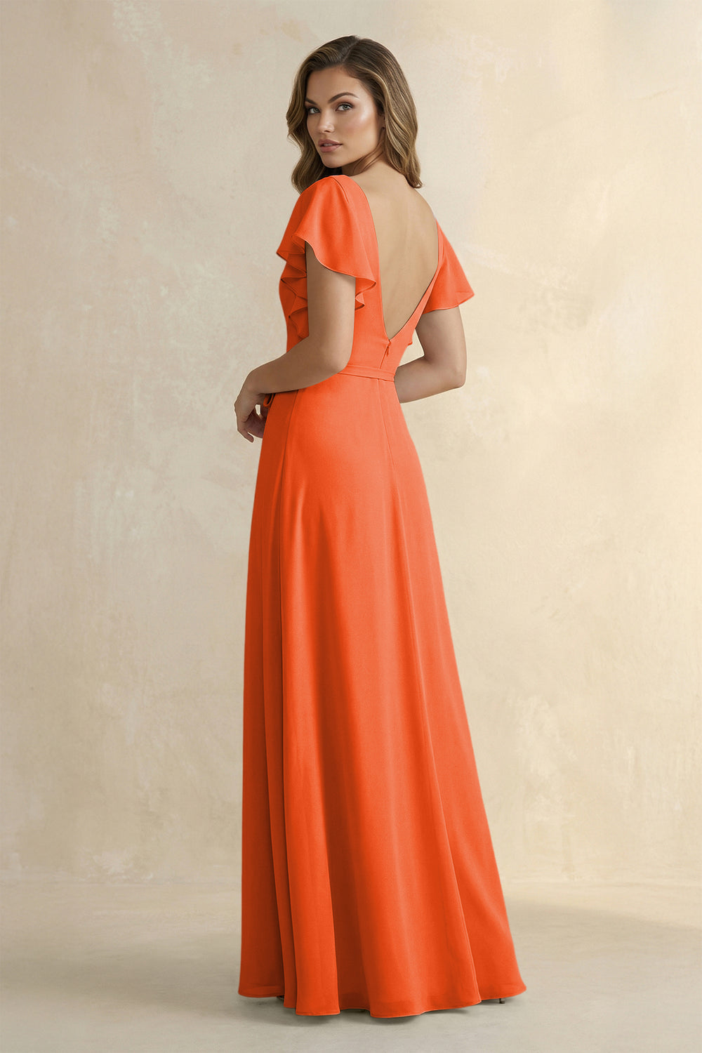 Ruffled V-Neck Chiffon A-Line Bridesmaid Dress in Cinnamon