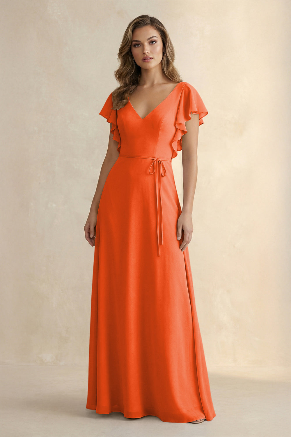 Ruffled V-Neck Chiffon A-Line Bridesmaid Dress in Cinnamon