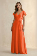 Cinnamon Ruffled V-Neck Chiffon A-Line Bridesmaid Dress | KISSBRIDAL