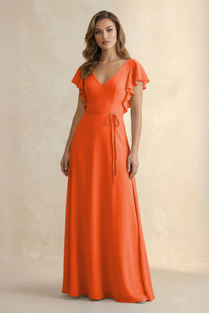 Cinnamon Ruffled V-Neck Chiffon A-Line Bridesmaid Dress | KISSBRIDAL