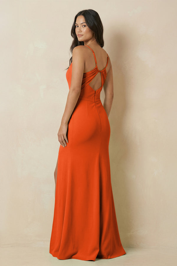 Cinnamon Sheath Cami Strap Chiffon Bridesmaid Dress with Slit (2) | KISSBRIDAL