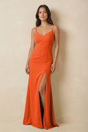 Cinnamon Sheath Cami Strap Chiffon Bridesmaid Dress with Slit | KISSBRIDAL
