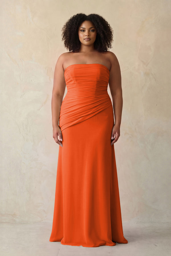 Cinnamon Sheath Chiffon Strapless Pleated Bridesmaid Dress (3) [sizeplus] | KISSBRIDAL
