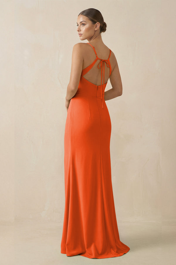 Cinnamon Sheath Spaghetti Straps Chiffon Long Bridesmaid Dress (2) | KISSBRIDAL