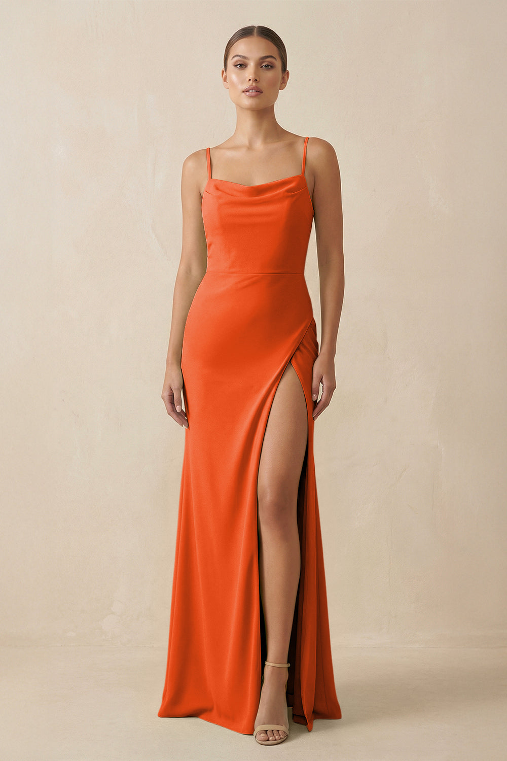 Sheath Spaghetti Straps Chiffon Long Bridesmaid Dress in Cinnamon