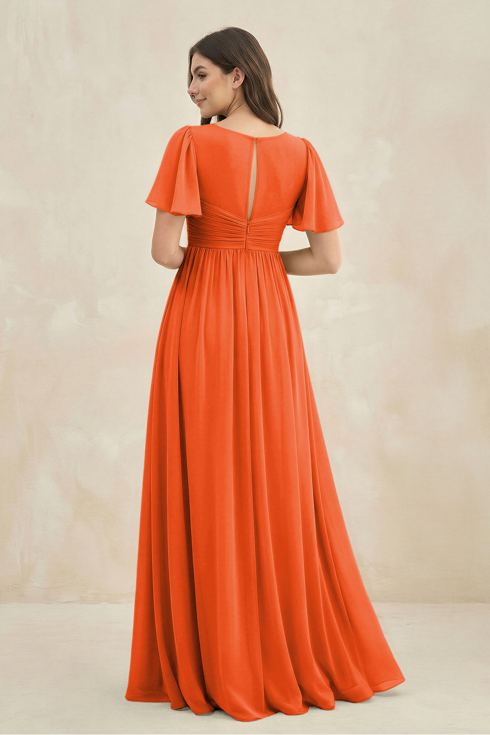 Short Sleeve Chiffon V-Neck A-Line Bridesmaid Dress in Cinnamon