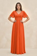 Cinnamon Short Sleeve Chiffon V-Neck A-Line Bridesmaid Dress | KISSBRIDAL