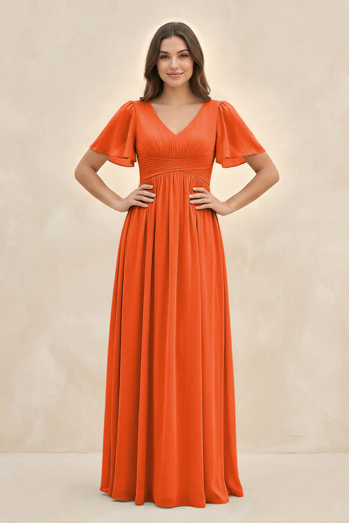 Cinnamon Short Sleeve Chiffon V-Neck A-Line Bridesmaid Dress | KISSBRIDAL
