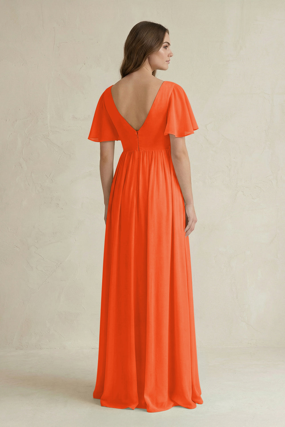 Short Sleeve V-Neck A-Line Chiffon Bridesmaid Dress in Cinnamon