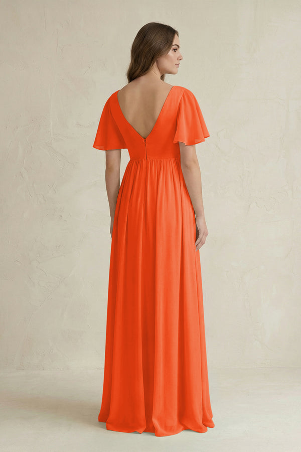 Cinnamon Short Sleeve V-Neck A-Line Chiffon Bridesmaid Dress (2) | KISSBRIDAL