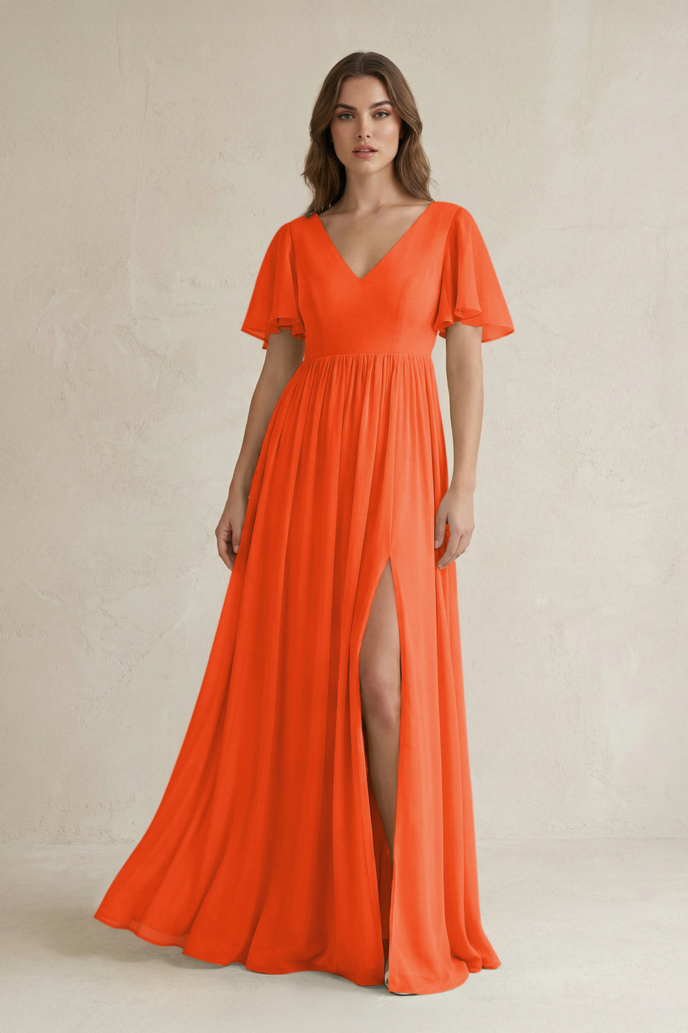Short Sleeve V-Neck A-Line Chiffon Bridesmaid Dress in Cinnamon