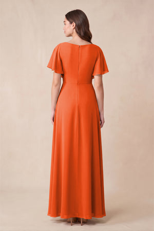 Cinnamon Short Sleeves Bateau A-Line Chiffon Bridesmaid Dress (2) | KISSBRIDAL