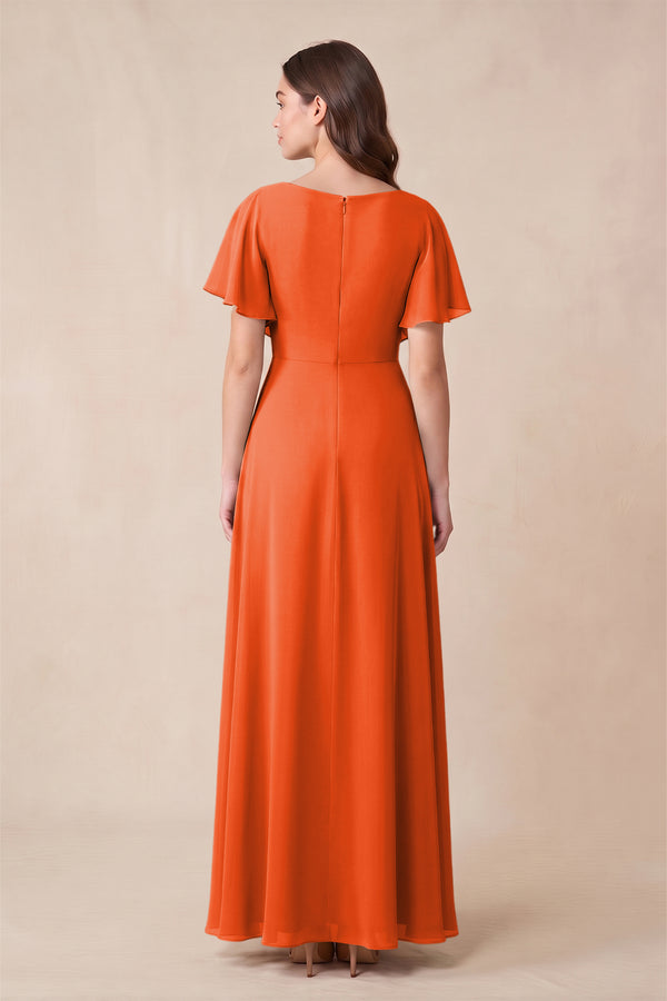 Cinnamon Short Sleeves Bateau A-Line Chiffon Bridesmaid Dress (2) | KISSBRIDAL