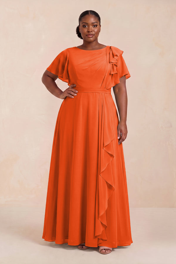 Cinnamon Short Sleeves Bateau A-Line Chiffon Bridesmaid Dress (3) [sizeplus] | KISSBRIDAL