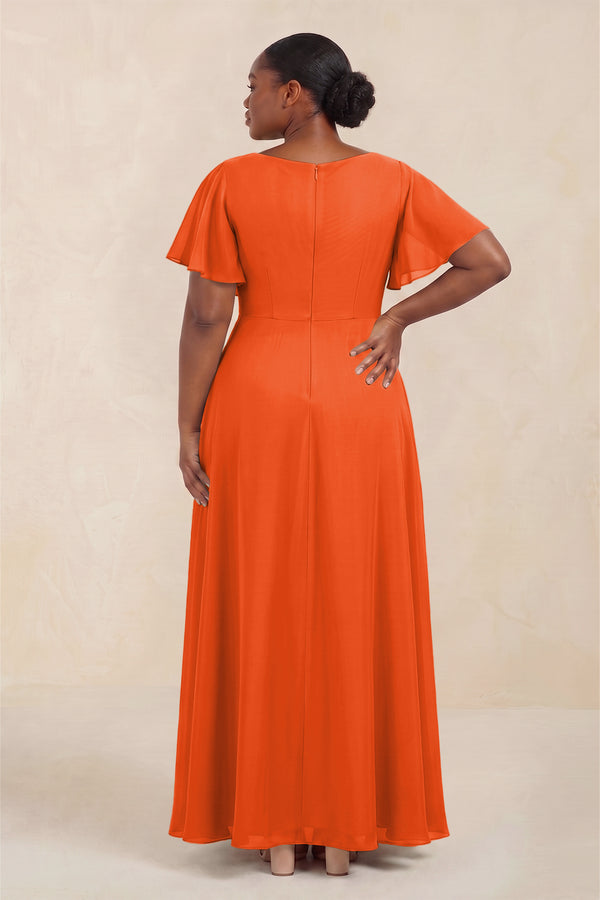 Cinnamon Short Sleeves Bateau A-Line Chiffon Bridesmaid Dress (4) [sizeplus] | KISSBRIDAL