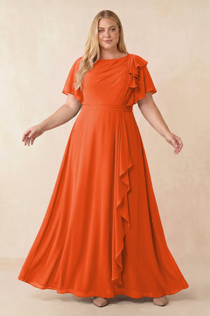 Cinnamon Short Sleeves Bateau A-Line Chiffon Bridesmaid Dress [sizeplus] | KISSBRIDAL