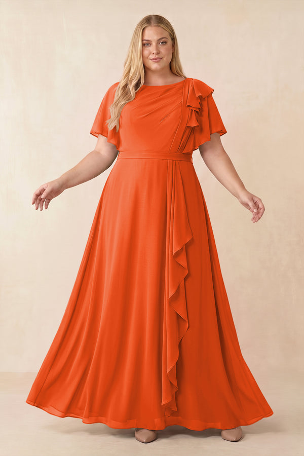 Cinnamon Short Sleeves Bateau A-Line Chiffon Bridesmaid Dress [sizeplus] | KISSBRIDAL