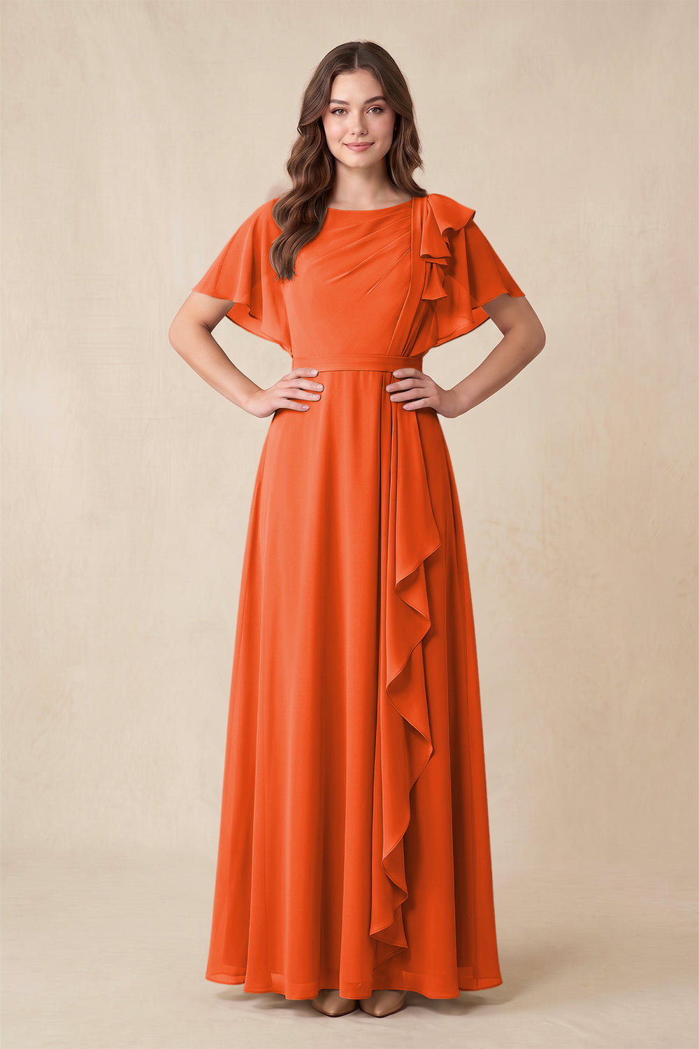 Short Sleeves Bateau A-Line Chiffon Bridesmaid Dress in Cinnamon