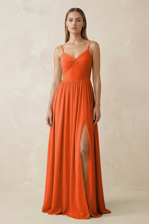 Cinnamon Spaghetti Strap Pleated A-Line Chiffon Bridesmaid Dress | KISSBRIDAL