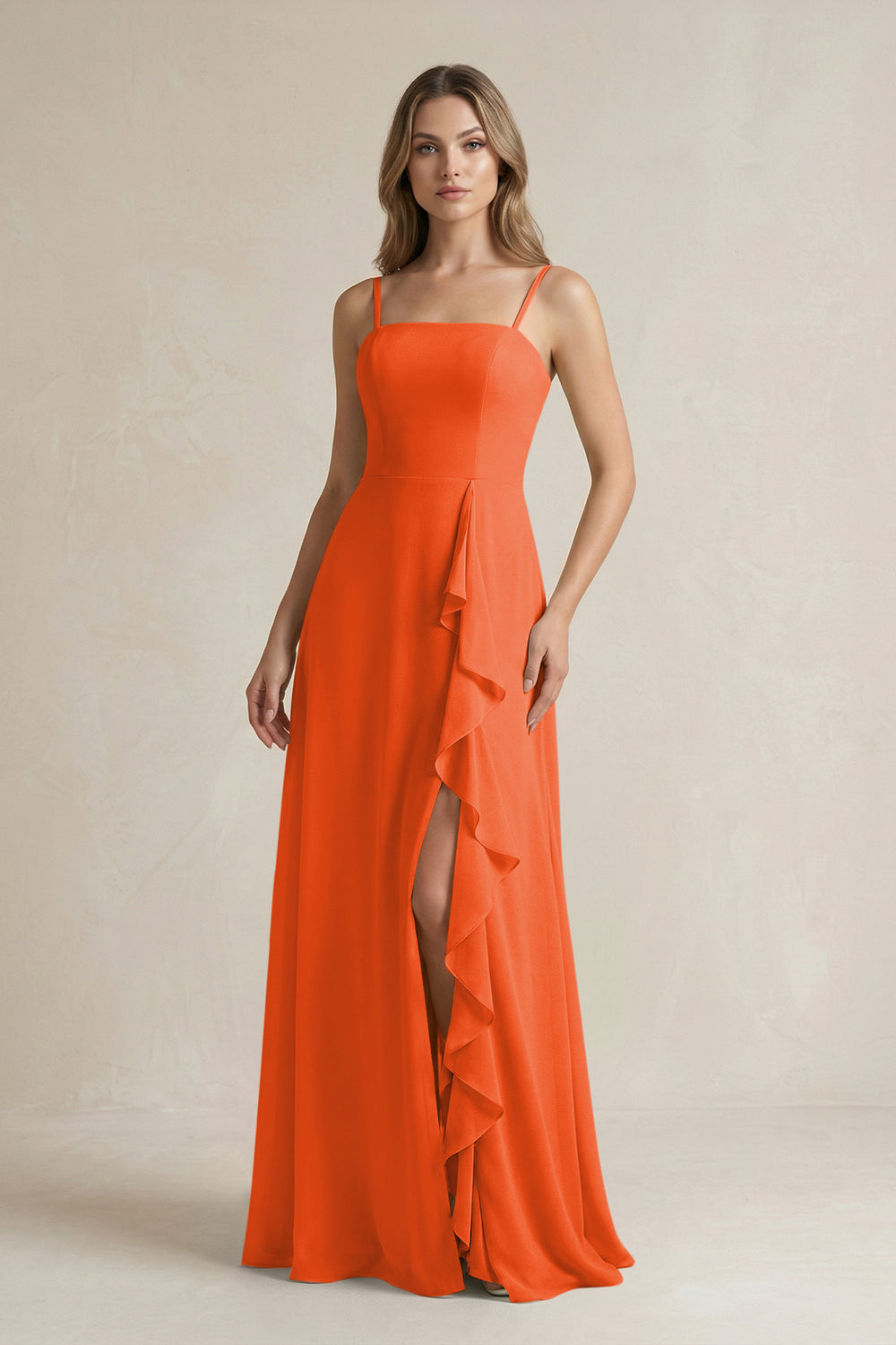 Spaghetti Strap Ruffled A-Line Chiffon Bridesmaid Dress in Cinnamon
