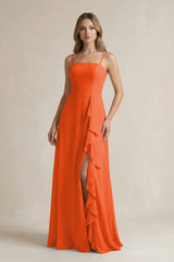 Cinnamon Spaghetti Strap Ruffled A-Line Chiffon Bridesmaid Dress | KISSBRIDAL